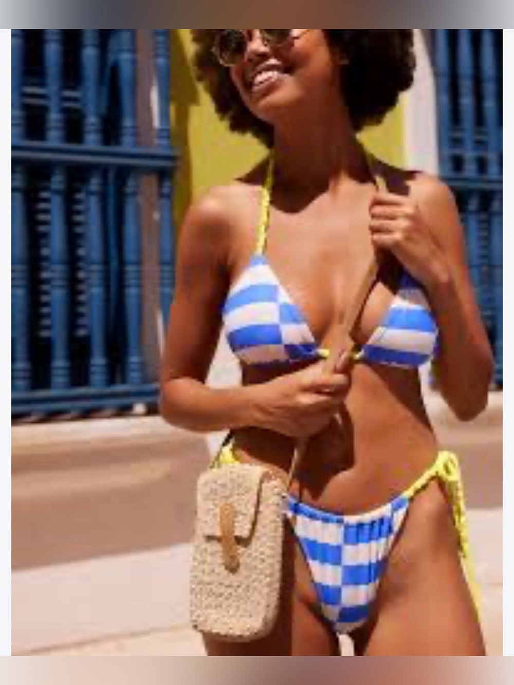 NWT American Eagle Aerie Blue/White Checkered Bikini with Neon L TOP M BOTTOM